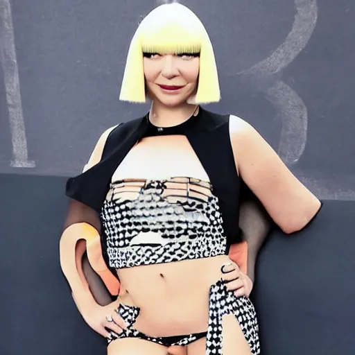 Prompt: sia furler with her back to the camera wearing a mini skirt photoshoot big thighs