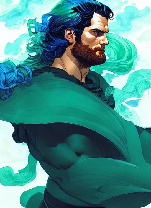 Image similar to style artgerm, joshua middleton, illustration, henry cavill as a warrior monk wearing green pelt light armor, blue hair, swirling water cosmos, fantasy, dnd, cinematic lighting