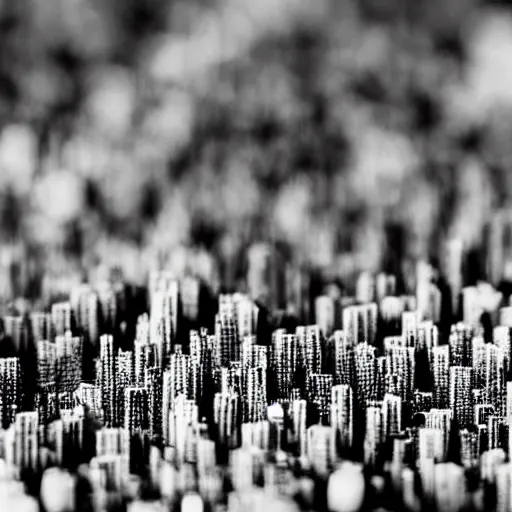 Prompt: an electron microscope photo of a tiny city, bokeh