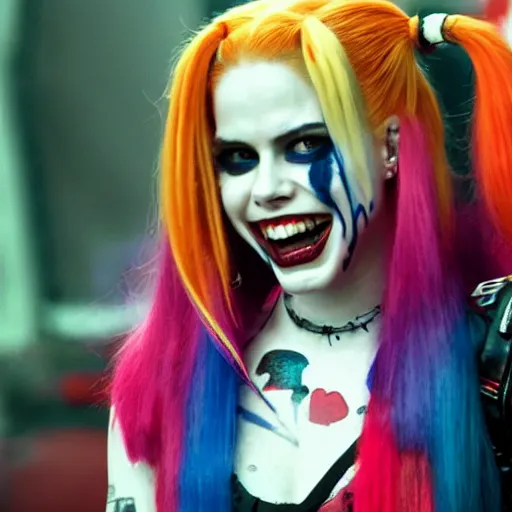 Prompt: an potrait of Avril Lavigne play Harley Quinn in suicide squad movie, 4k