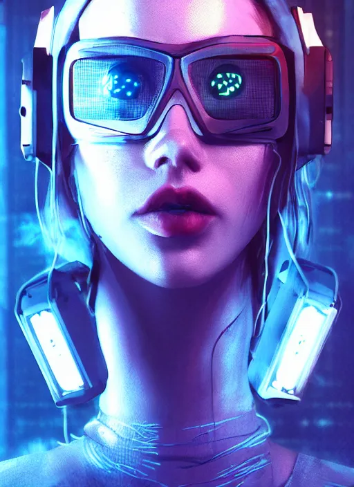 Image similar to portrait of a woman in wires and cyberpunk goggles on her head in a server room in color smoke, symmetrical, art by maciej kuciara, trending on artstation, futurism, dystopian art, 8 k