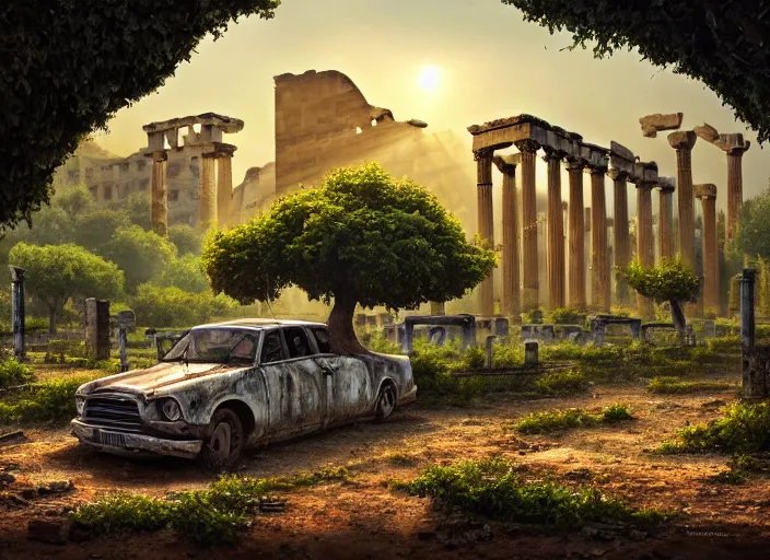 Image similar to a tree growing on a scrap car in ancient greek ruins, gray wasteland, many scrap cars, overgrown, pillars and arches, colorful flowers, vines, hyperrealistic, highly detailed, cinematic, ray of golden sunlight, beautiful, cgsociety, artstation, 8 k, pixar style by tristan eaton, artgerm, tom bagshaw