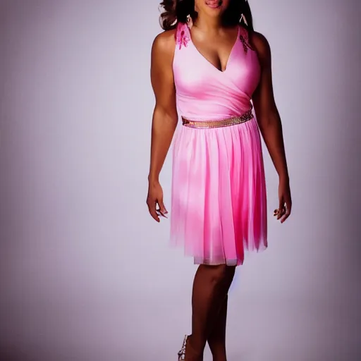 Prompt: Dwayne Johnson wearing a pink dress, photoshoot, portrait, studio lighting