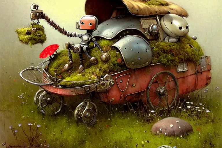 Image similar to adventurer ( ( ( ( ( 1 9 5 0 s retro future robot android fat mouse house wagon mushrooms, flowers, moss. muted colors. ) ) ) ) ) by jean baptiste monge!!!!!!!!!!!!!!!!!!!!!!!!! chrome red