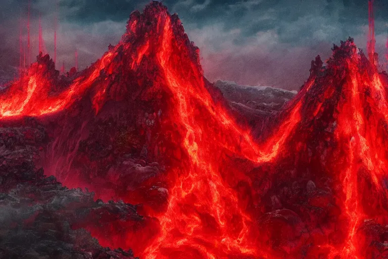 Image similar to red themed lava mountain landscape, miyazaki, cinematic, die hard, marvel, disney, indie, highly detailed, featured on artstation, highly detailed, epic