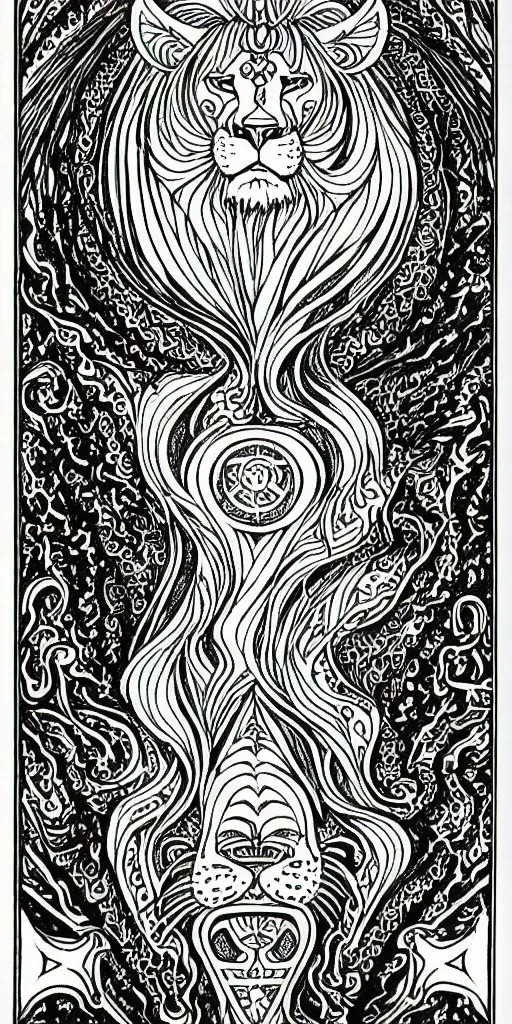 Prompt: a beautiful black and white fractal tarot card featuring bold occult imagery with clean lines. lioness demon. detailed adult coloring book