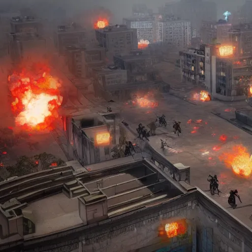 Image similar to painting of a war zone in beijing, china, world war 3, modern city, unreal engine 5,