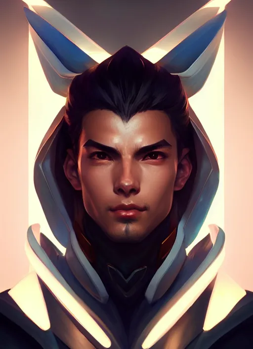 Image similar to symmetry!! portrait of yasuo, league of legends, tech wear, glowing lights!! intricate, elegant, highly detailed, digital painting, artstation, concept art, smooth, sharp focus, illustration, art by artgerm and greg rutkowski and alphonse mucha