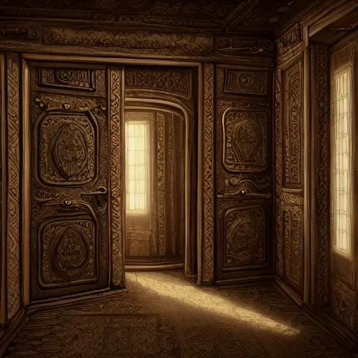 Image similar to a room with 1 0 0 doors with latches, concept art, trending on artstation, highly detailed, intricate, sharp focus, digital art, 8 k