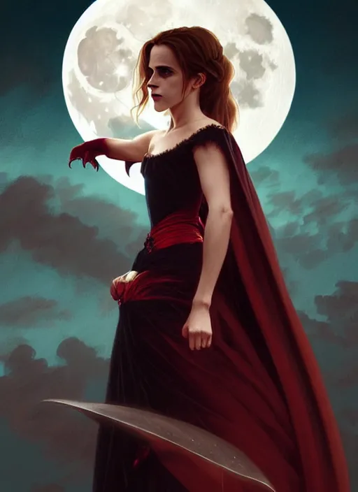 Image similar to portrait of emma watson as a vampire, bats, dracula, full moon, vampire, dress, jewelry, ruby, intricate, headshot, highly detailed, digital painting, artstation, concept art, sharp focus, cinematic lighting, illustration, art by artgerm and greg rutkowski, alphonse mucha, cgsociety