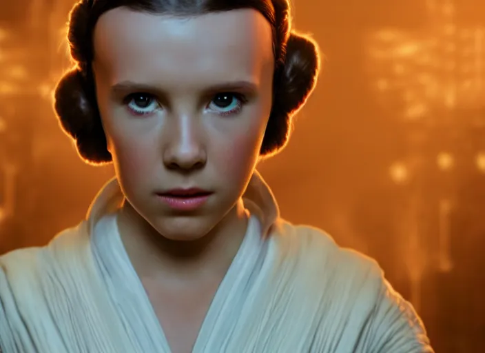 Prompt: film still of millie bobby brown as princess leia in star wars movie, long braided hair pulled back, closeup portrait, wearing long white robe in a science fiction ivy golden red royal temple, deep focus, glamour pose, dramatic lighting, octane, mist, volumetric lighting, 8 k