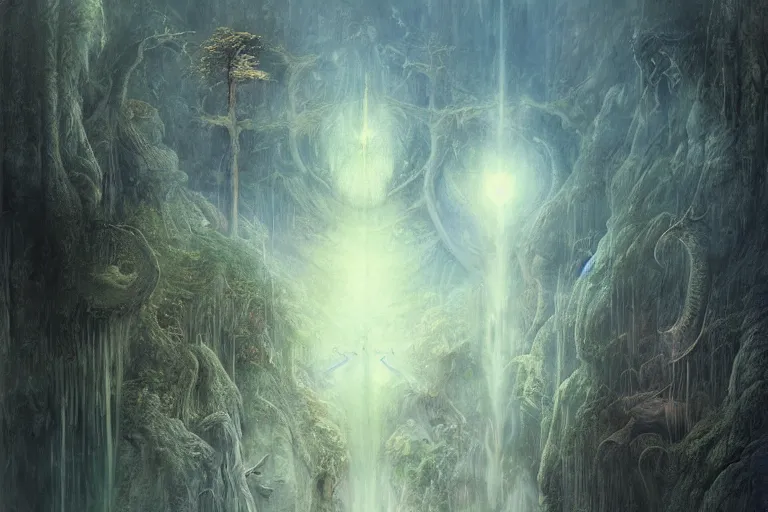 Image similar to hallucination of Himeji Rivendell overlooks the Garden of Eden, amazing concept painting, by Jessica Rossier by HR giger by Beksinski, by brian Froud