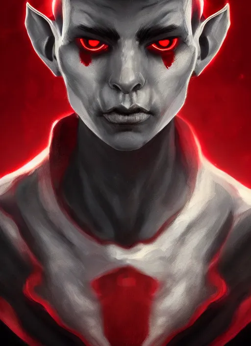 Prompt: portrait painting of a gray dark elf with red glowing eyes, artstation, nvidia, vray