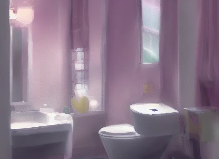 Image similar to placid pastel morning cute cluttered painterly fluffy tiny cramped bathroom trending on pixiv