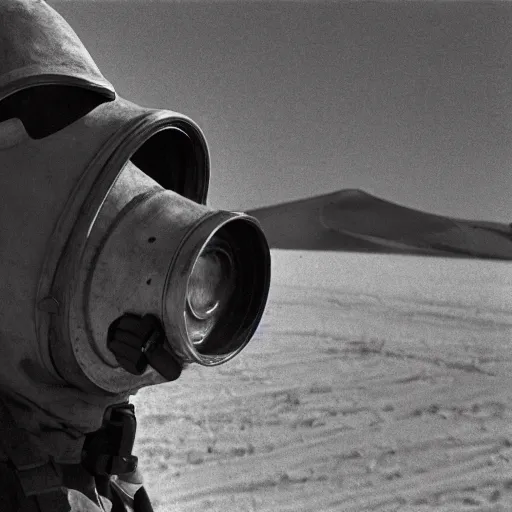 Prompt: a man wearing a gasmask, heavily equipped, in the desert, film still, arriflex 35