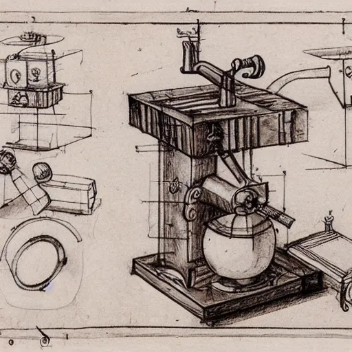 Prompt: various sketches of a mechanical coffee grinder in the style of leonardo da vinci, ultra detailed, scribbles, technical drawing, engineering blueprints