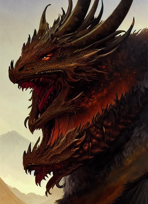 Image similar to ''face portrait furry handsome dragon, volcano landscape, fantasy, d & d, sharp focus, detailed, digital painting, art by greg rutkowski and alphonse mucha''