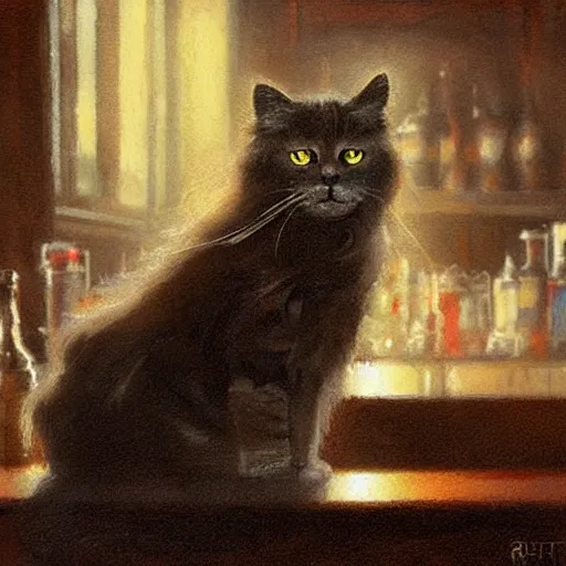 Image similar to of a british longhair cat sitting at the bar next to a beer, by greg rutkowski