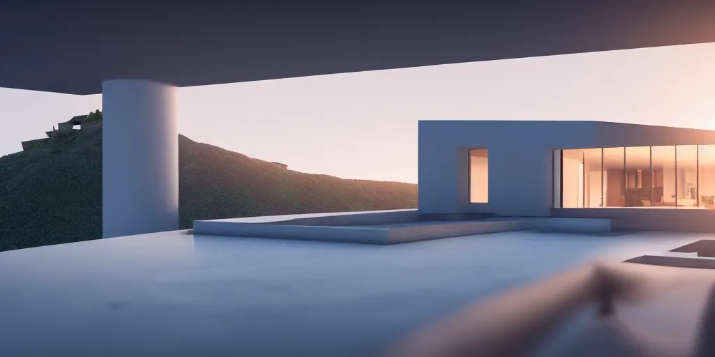 Prompt: A beautiful realistic architectural rendering of a modern minimalistic house on a cliff with a mysterious glow emitting from inside, by octane render and corona render