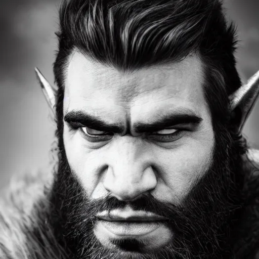 Prompt: portrait of a young bearded half-orc man with characteristic hairstyle, black and white photography, 4K