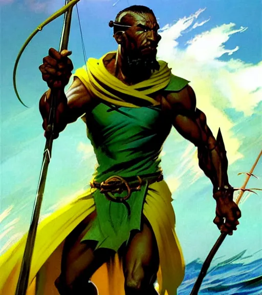 Image similar to magic : the gathering fantasy character concept art by frank frazetta and marco bucci, high resolution. a clear portrait of a 3 0 - year old athletic male jamaican, fisherman, wearing yellow green black calico clothing, magical fishing rod weapon, jamaican ocean flowing in the background, symmetry, fantasy coloring, intricate, 8 k, digital painting, artstation, smooth, sharp focus