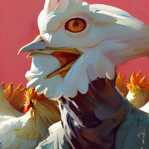 Prompt: the king of the chickens, artwork by greg manchess, medium shot, asymmetrical, organic painting, sunny day, matte painting, bold shapes, hard edges, street art, trending on artstation, by huang guangjian and gil elvgren and sachin teng