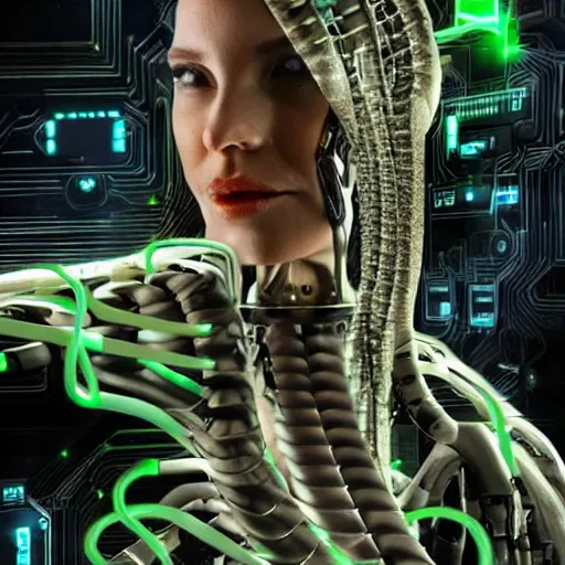 Image similar to the torso of fully a mechanical terminator lady with borg implants, human face and robotic snakes coming out of her head is hanging from cables and wires off the ceiling of an futuristic computer lab and plugged into a quantum computer. Her bottom half is missing with cables hanging out. She is taking a sip from a cup of coffee. Tiny green led lights in her cybernetics. very detailed 8k. Cyberpunk horror style.