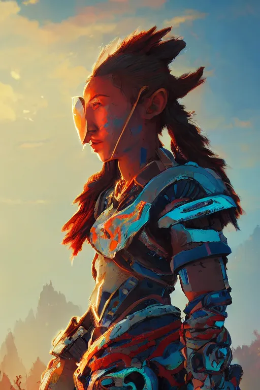 Image similar to combination suit armor aloy horizon forbidden west horizon zero dawn radiating a glowing aura global illumination ray tracing hdr fanart arstation by ian pesty and alena aenami artworks in 4 k tribal robot ninja mask helmet backpack