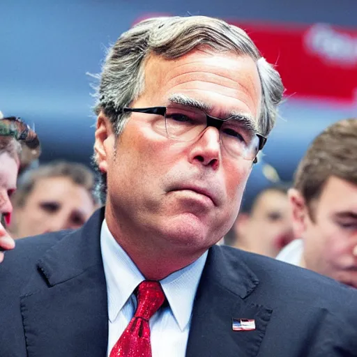 Image similar to Jeb bush is a mess, Jeb is on a flight with lots of people, illustrated, anime