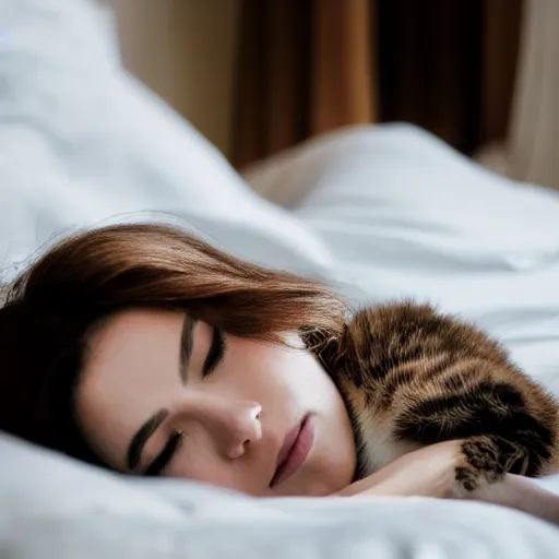 Image similar to a beautiful girl rests on a bed holding a cat, 5 0 mm lens, f 1. 4, sharp focus, ethereal, emotionally evoking, head in focus, volumetric lighting, blur dreamy outdoor,