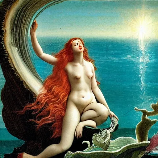 Image similar to The collage depicts the moment when the goddess Venus is born from the sea. She is shown standing on a giant clam shell, with her long, flowing hair blowing in the wind. The collage is full of light and color, and Venus looks like she is about to step into a beautiful, bright future. dada, cosmic horror by Caspar David Friedrich, by Alice Rahon magnificent