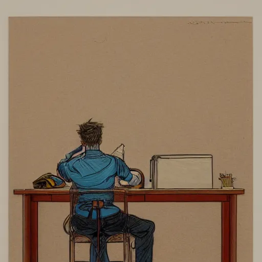 Prompt: a man at a desk, by james jean