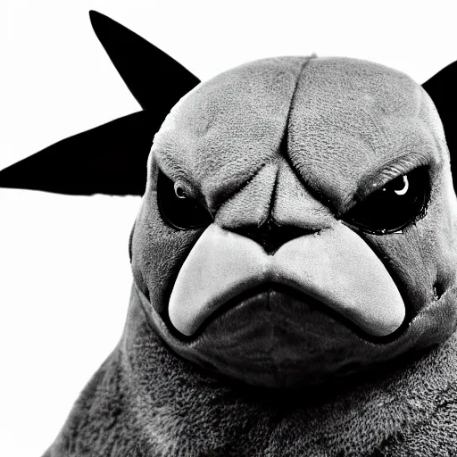 Image similar to symmetrical, close up face portrait of a Pokémon, scowling, studio lighting, depth of field, photography, black and white, highly detailed