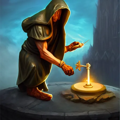 Image similar to a hooded cultist is stabbing a banana placed on an altar, in front of a stone statue of a forgotten god, by patrick mcenvoy and michael komarck and fantasy flight, incredible quality, trending on artstation