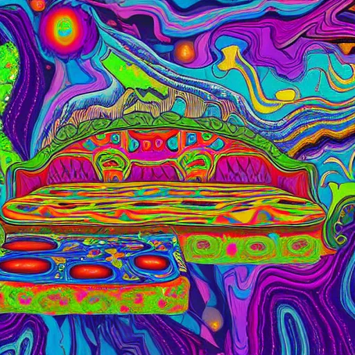 Prompt: psychedelic trippy couch in forest, planets, milky way, sofa, cartoon by salvador dali