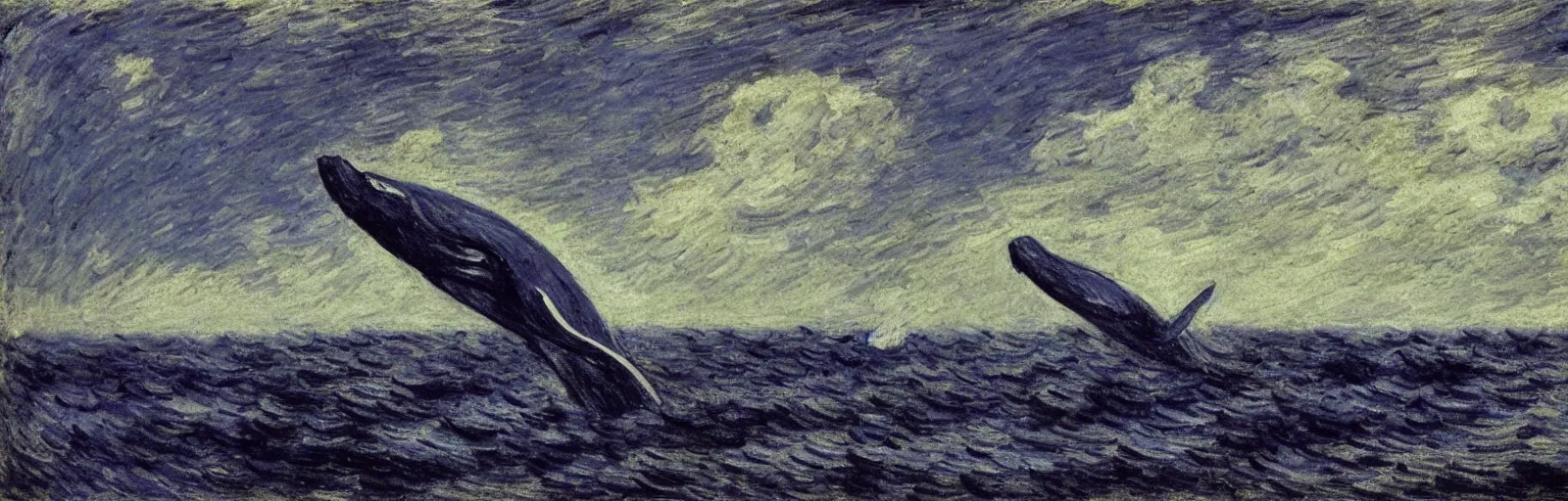 Prompt: An aesthetically pleasing, dynamic, energetic, lively, well-designed digital art of a whale in the ocean at night in a low mist, light and shadow, chiaroscuro, by Claude Monet and Vincent Van Gogh, superior quality, masterpiece, excellent use of negative space. 8K, superior detail.