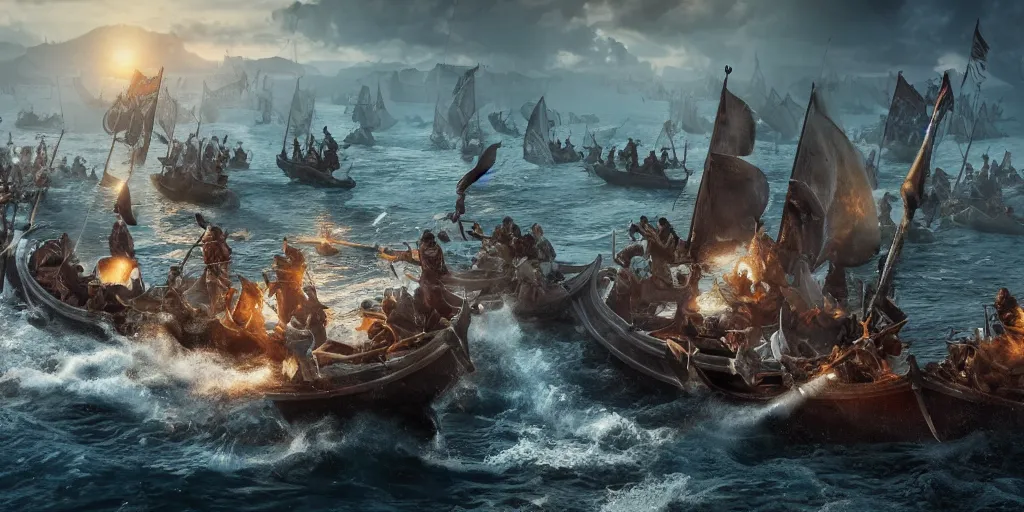 Image similar to An Epic viking sea battle, realistic 4k octane beautifully detailed render, 4k post-processing, highly detailed, intricate complexity, epic composition, magical atmosphere, cinematic lighting, masterpiece, ultra hd