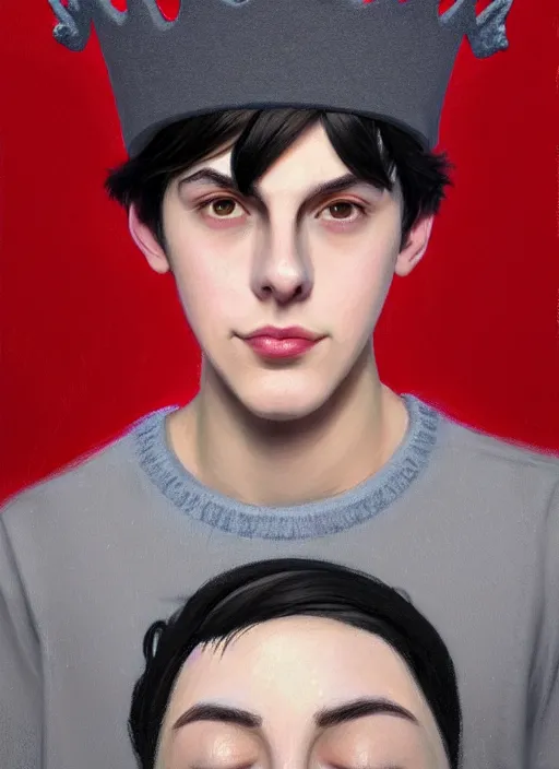 Image similar to portrait of teenage jughead jones wearing a light grey crown, photorealistic, crown, eyes closed, crown, black hair, sweater with letter s on it, letter s, intricate, elegant, glowing lights, highly detailed, digital painting, artstation, concept art, smooth, sharp focus, illustration, art by wlop, mars ravelo and greg rutkowski