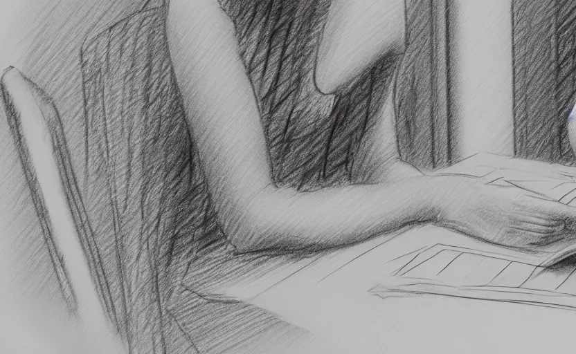 Prompt: pencil sketch. storyboard panel. young woman sitting at a table. reading a newspaper. close up. extremely detailed. 4 k.