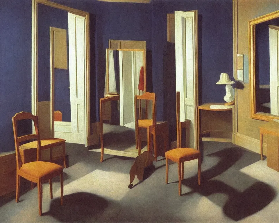 Image similar to achingly beautiful painting of a sophisticated, well - decorated, modern dressing room by rene magritte, monet, and turner.