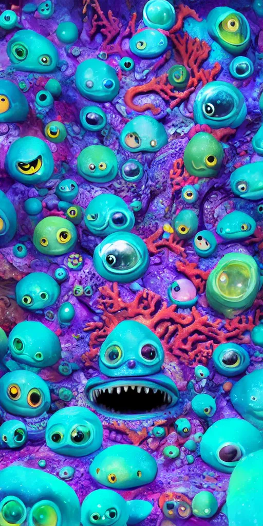 Image similar to of a colorful deep sea cave with strange cute friendly happy creatures with huge eyes, mouth, long tongue and round teeth appearing from sandy coral, in the style of gehry and gaudi, macro lens, shallow depth of field, ultra detailed, digital painting, trending artstation, concept art, illustration, cinematic lighting, photorealism, epic, octane render