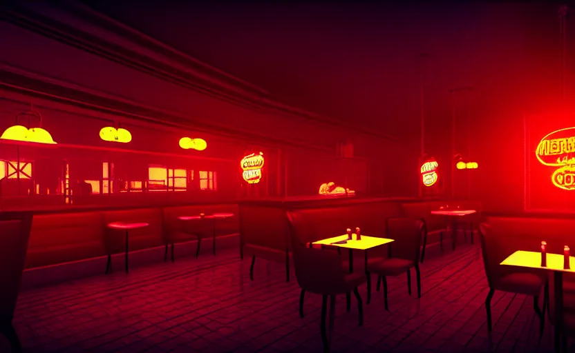 Image similar to diner, horror scene, dim neon lighting, beautiful volumetric-lighting-style atmosphere, eerie atmosphere, intricate, detailed, photorealistic imagery, artstation