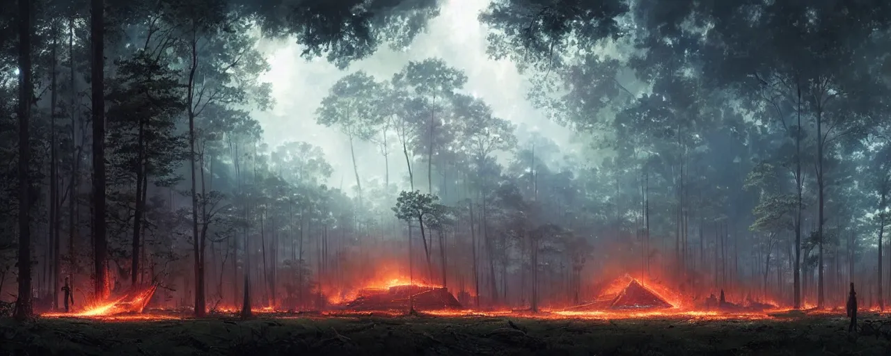 Image similar to a giant megastructure spaceship wrecked and lost in the forest, a small fire in the distance, powerful laser light and large sound system on the left, detailed digital art by greg rutkowski.