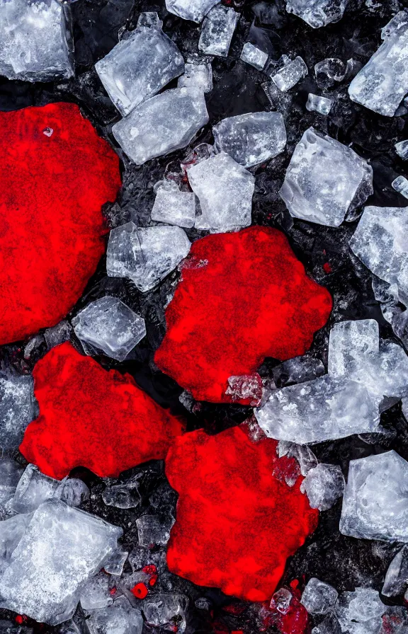 Prompt: red pieces of fabric molten onto ice rocks, floating sculpture, award winning photo, 4k