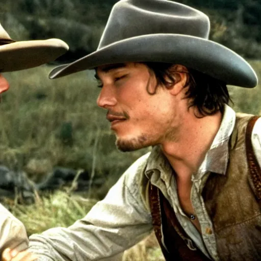 Image similar to a romantic scene from brokeback mountain starring josh hartnett as ennis del mar and heath ledger as jack twist