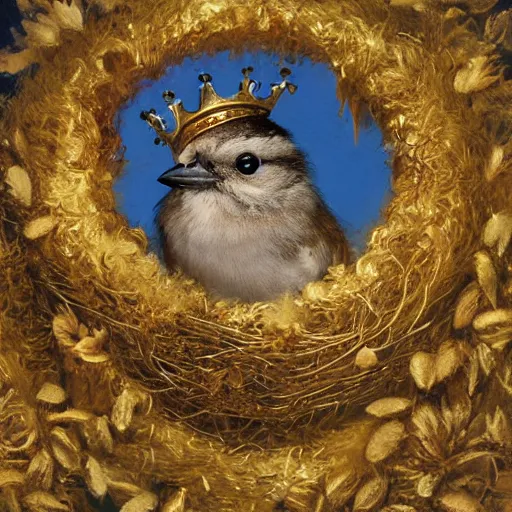 Image similar to long shot of a cute furry sparrow chick nesting in a golden metal crown, by esao andrews, by m. w. kaluta, volumetric light, fresh colors, ultra humorous oil painting, realistic reflections, floral background, smooth, concept art, depth perception, high depth of field, 4 k, unreal engine 5, ultradetailed, hyperrealistic, trending on artstation