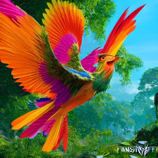 Prompt: fantasy forest, most colourful bird in philippine folklore, the magnificent, extremely beautiful ibong adarna with wings spread flying, long grand feathers, ultra - realistic, intricate details, 8 k, ultra - detailed, unreal engine five render