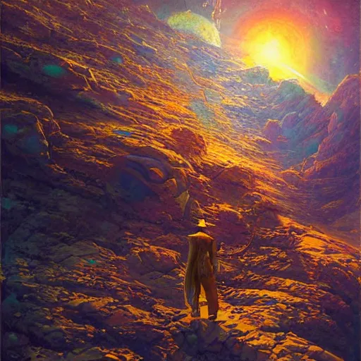 Prompt: A fresco painting of a nomadic wanderer traversing a corrupted futuristic crystal desert by Jacek Yurka, Kelly Freas, Filip Hodas, Paul Lehr, Dan Mumford, Max Ernst