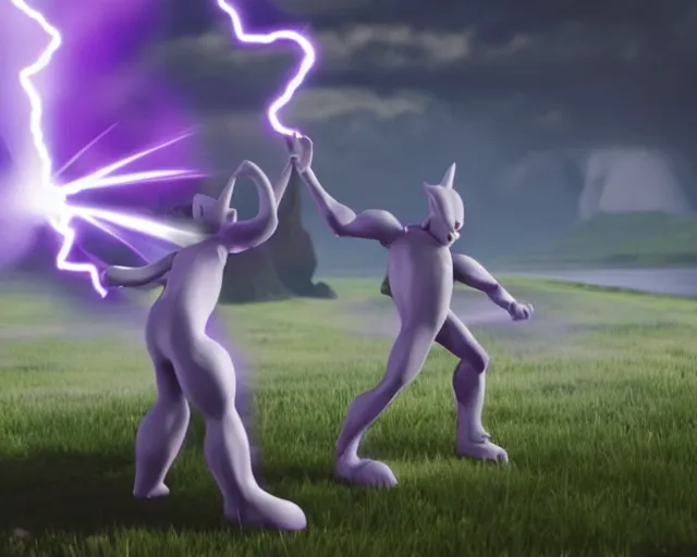 Prompt: mewtwo fighting frieza epic battle, unreal engine, lightning, beams of light, wide angle, highly detailed