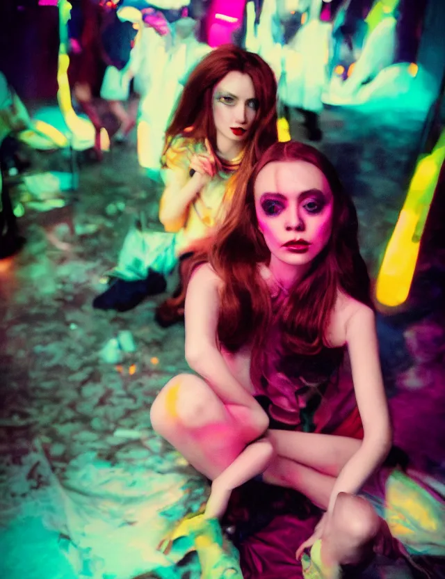 Image similar to portrait girl with grange makeup sitting on a floor at party neon light, wide high angle coloured polaroid photograph with flash, kodak film, hyper real, stunning moody cinematography, with anamorphic lenses, by maripol, fallen angels by wong kar - wai, style of suspiria and neon demon and children from bahnhof zoo, detailed